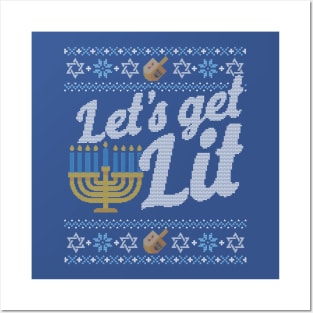 Funny Ugly Hanukkah Sweater, Let's Get Lit Menorah Posters and Art